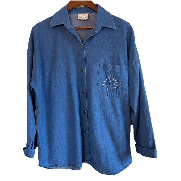 Park Place Fashions Denim Button Down Woman's Shirt Large USA Starburst Pocket - Picture 2 of 14